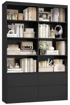 Produktbild von Bücherregal mit 4 Schubladen 8 Fächern 120x30x180cm schwarz
