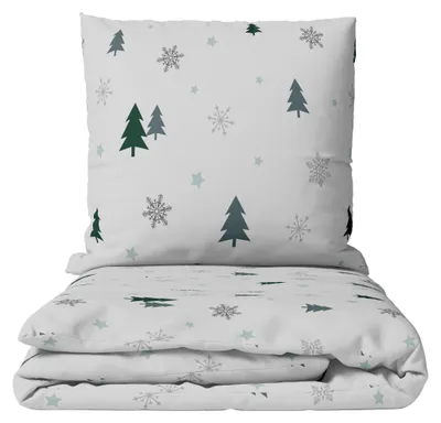 Produktbild von Kuschelige Fleece Bettwäsche 155x220 cm Winter Weiß Grün Grau Schneeflocken Tannen Sterne Design Reißverschluss