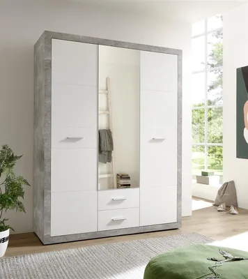 Produktbild von Kleiderschrank Drehtürenschrank Schrank Schlafzimmer "Stern I" Beton / Weiß