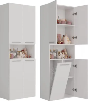 Obrázek produktu pro Koupelnová a knihovní police NEL DK 1K s košem a 1 dvířky | Matná bílá | 60x30x174 cm