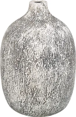 Produktbild von BELIANI Blumenvase Grau-Weiß Terrakotta 36 cm Handgemacht Schmale Öffnung Bauchige Ovale Form Bodenvase Deko Accessoires Wohnzimmer Schlafzimmer Flur