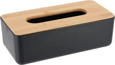 Zdjęcie produktu dla TENDANCE | Pudełko na chusteczki - pudełko na chusteczki kosmetyczne - czarne - 27 x 13 x 9 cm - z tworzywa sztucznego i bambusa - do łazienki