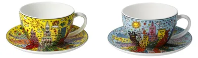 Produktbild von 2er Set James Rizzi Tassen mit Untertasse 250ml blau + gelb Goebel Pop Art