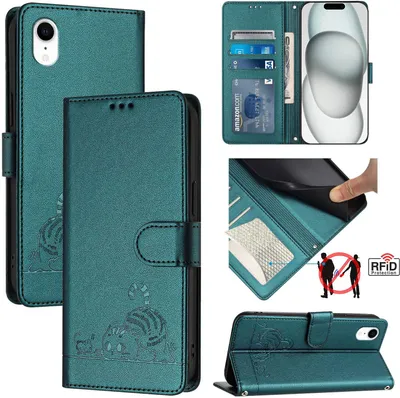 Produktbild von Leder Hülle für iPhone XR Süße Katze Flip Case Brieftasche Schutzhülle mit Standfunktion Grün