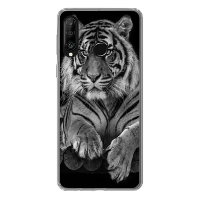 Produktbild von MuchoWow® Handyhülle Schutzhülle Hülle für Huawei P30 Lite Sumatra-Tiger auf schwarzem Hintergrund Silikon Softcase Handy Hülle - Handyhülle