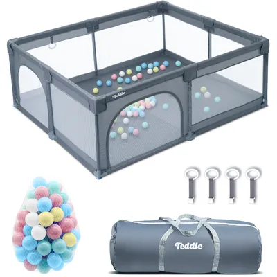 Zdjęcie produktu dla Kojec dla dziecka Teddle - kojec dla dziecka z 50 piłkami do zabawy - 180 x 150 cm - kojec do zabawy wewnątrz i na zewnątrz - szary