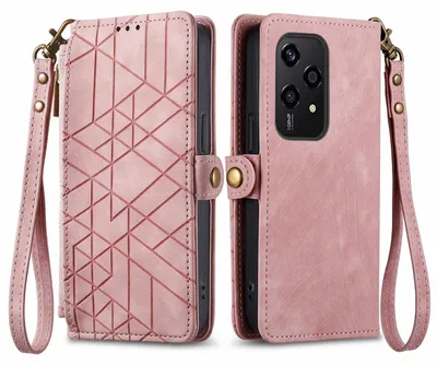 Image de Étui de protection en similicuir avec fermeture éclair et dragonne pour Honor 200 Lite, couleur rose
