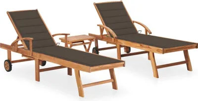 Produktbild von Sonnenliegen 2 Stk. mit Tisch und Auflagen Massivholz Teak