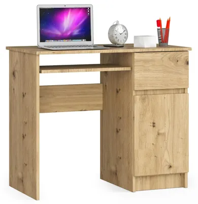 Produktbild von Schreibtisch - Computertisch - Tür rechts - 1 Schublade - 3 Ablagen - Tastaturauszug - Matte Artisan-Eiche - 90 x 50 x 77 cm