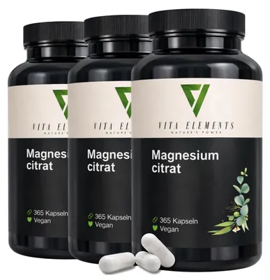 Produktbild von Vita Elements Premium Magnesiumcitrat 3er Set 365 Kapseln Bioverfügbarkeit Nahrungsergänzungsmittel