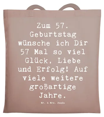 Produktbild von Mr. & Mrs. Panda Schultasche Spruch 57. Geburtstag Glück - Braun Pastell - Geschenk, Happy Birthday, Jutebeutel, Shopping Tasche, Erfolg, Alter, Einkaufstasche