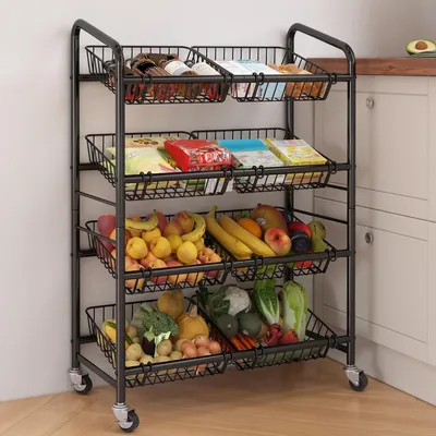 Keukentrolley mit 4 Ablagen, 8 Körben, Rollen, 65 cm, schwarz