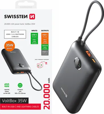 Zdjęcie produktu dla Swissten, bateria zewnętrzna 20000 mAh Zintegrowany kabel USB-C Lightning Wyświetlacz LED, czarny