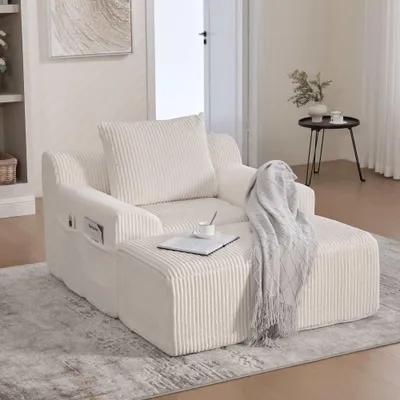 Obrázok produktu pre AIORBER XXL Kordové kreslo, čitateľské kreslo s vankúšmi, relaxačné kreslo pre jednu osobu s bočnými vreckami, mäkké čalúnenie, bez montáže, moderné lounge kreslo, béžové