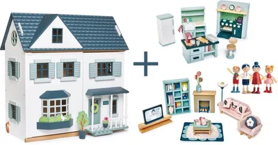 Obrázek produktu pro [C] Dřevěný domeček pro panenky Tender Leaf Dovetail XL v neutrálních barvách, včetně dřevěné rodiny panenek – nábytku do obývacího pokoje a kuchyně – rozměry: 68 x
