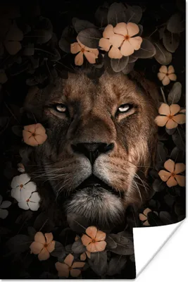Produktbild von MuchoWow® Poster Dschungel - Löwe - Blumen 80x120 cm - Papierdruck