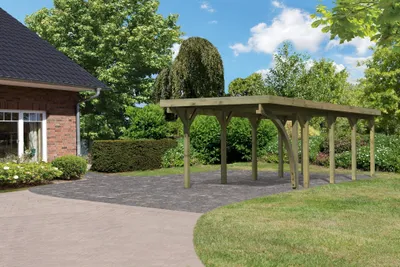 Produktbild von Einzelcarport Classic 3 Holz Überdachung Unterstand Stahl-Dach inkl. einem Einfahrtsbogen kesseldruckimprägniert 273x777,5x234 cm