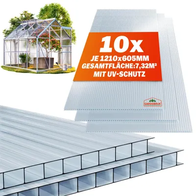Produktbild von GARDEBRUK® 10x Doppelstegplatten 6mm Zuschneidbar 121x60,5cm Polycarbonat 7,3m² UV-beständig Klar Hohlkammerplatten Gewächshaus Platten Stegplatten