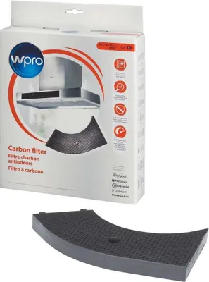 A box of Wpro carbon filters for a range hood, with one filter shown outside the box.