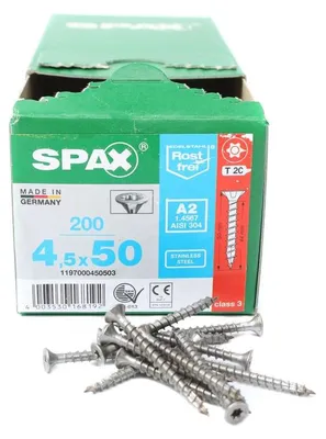 Immagine prodotto di SPAX® 1197000450503 Viti universali SPAX® T20 a testa svasata BLANK A2 1197000450503 4,5 mm x 50 mm, 200 pezzi