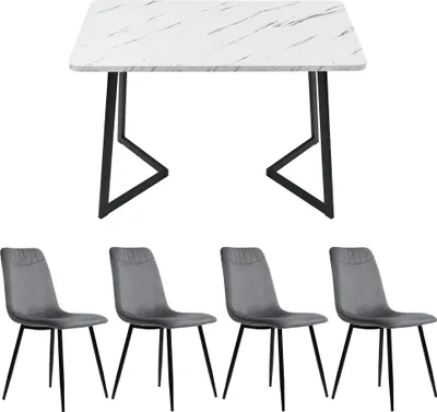 Produktbild von Esstisch und Stuhl Set (1+4) Moderner Esstisch und Stuhl Set Grau Samt Esstisch mit 4 Esszimmerstühlen MDF Esstisch mit Stühlen Schwarz Bein