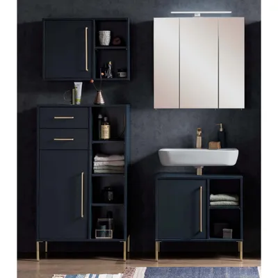 Produktbild von Waschplatz Set beleuchtet inkl. Highboard und Hängeschrank KELLA-80 in nachtblau, B/H/T: ca. 152/200/33,1 cm
