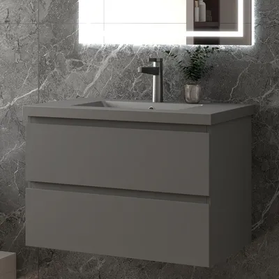 Produktbild von 80 cm Badmöbel-Set Unterschrank mit Dunkelgrau Mineralguss Waschbecken 2 Schubladen soft-close Anthrazit Matt Selbstmontierter