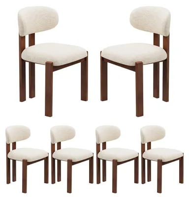 Produktbild von 6er-Set Esszimmerstühle aus Chenille, braunes Massivholzgestell, bequeme Sitzfläche, nordischer Stil, Beige
