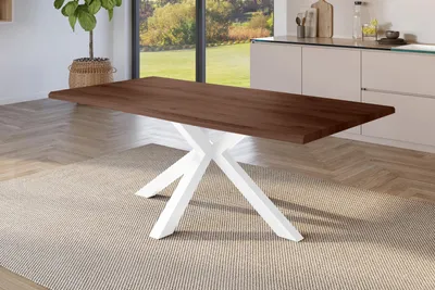 Produktbild von Refurbished Möbelretoure Esstisch 220x100 cm Baumkante Holz Nussbaum-Optik Spider-Gestell Metall weiß JULIUS