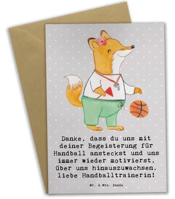 Produktbild von Mr. & Mrs. Panda Grußkarte Handball Trainerin Dankeschön - Grau Pastell - Geschenk, Klappkarte, Sportart, einladungskarten, babykarte, Training, Teamgeist, Erfolg