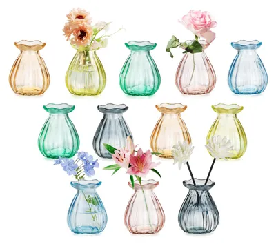 12 bunte Glasvasen für Tischdekoration, 6 Farben, Blumenform