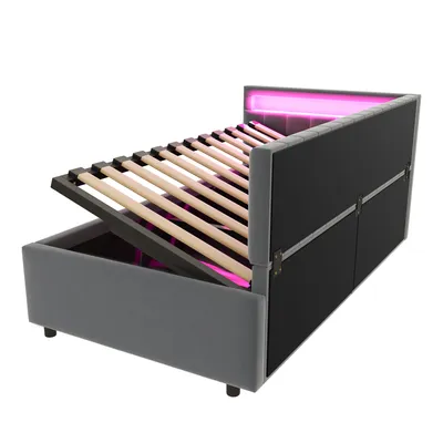 Produktbild von Merax Tagesbett Schlafsofa 90x200 cm mit LED-Kopfteil und hydraulischem Stauraum, Polsterbett mit vertikalem Streifendesign und Samtbezug, Grau