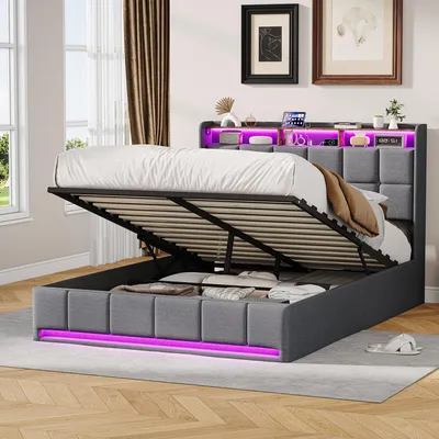 Produktbild von Polsterbett 140x200cm mit USB, Stauraumbett Doppelbett mit Lattenrost und LED, Hydraulisches Boxspringbett Jugendbett, Leinen, Grau