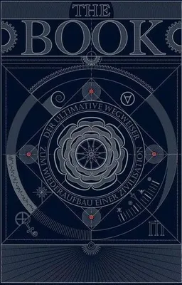 A dark blue background with intricate geometric patterns and text, centered around a stylized rose or compass-like symbol.
