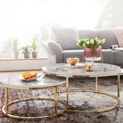 Image de Lot de 2 tables basses FineBuy, aspect marbre blanc et doré, tables rondes modernes, tables d'appoint, ensemble de 2 tables rondes en métal, tables de salon design, ensemble de tables