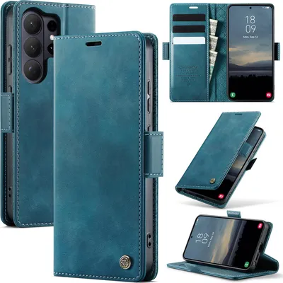 Image de Étui en cuir pour Samsung Galaxy S26 Ultra, protection RFID, fermeture magnétique, compartiments pour cartes et fonction support Bleu