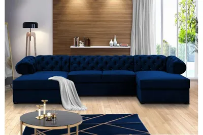 Produktbild von FURMEB 24 Ecksofa SWAROWSKI U mit Schlaffunktion, 348x180 cm, Steppung, Diamantmuster, MARINE