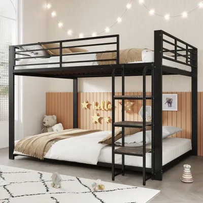 Produktbild von AIORBER Metall Etagenbett 140x200 cm Doppelbett mit Holzstufen Treppe Rausfallschutz Stabil für Kinder Jugendliche, Schwarz