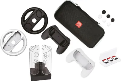 Produktbild von Qware accessoir set – 2 Lenkräder, 2 Controller, Ladegerät, Daumengriffe & Spielhüllen kompatibel mit Nintendo Switch