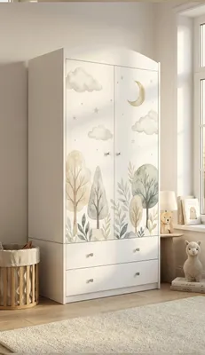 Image de Armoire pour enfants avec un motif ravissant – Armoire à 2 portes pour chambre d'enfant avec 2 tiroirs, tringle à vêtements et étagères, blanche (88 x 187 x 54 cm)