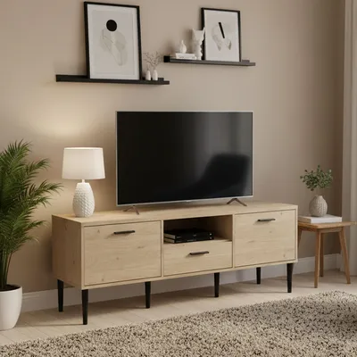 Image de Élie - Meuble TV, 147x40x57h cm Chêne Marron, 2 Étagères