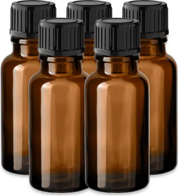 Produktbild von 5x Glasflasche Braun 20 ml mit schwarzem Kunststoff Schraubverschluss