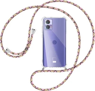 Produktbild von Handykette Backcover-Schutzhülle mit Band (Metall silberfarben) für Motorola Edge 30 Neo (Edge 30 Lite) - rosa Karo