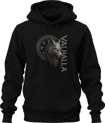 Obrázok produktu pre Mikina s kapucňou Valhalla Viking Wolf's Head Runes Norse Mythology Fenrir Uni, čierna, 3XL