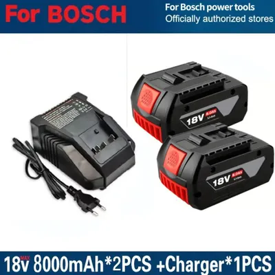 Immagine prodotto di Set di batterie da 18 V - Batteria ricaricabile agli ioni di litio da 8,0 Ah (8000 mAh) - 2 batterie di ricambio per utensili elettrici - Con caricabatterie - Con indicatore di carica