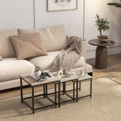Zdjęcie produktu dla Zestaw 3 stolików kawowych HOMCOM, stoliki wsuwane ze stalową ramą, stolik do sofy w stylu industrialnym, stolik kawowy, stolik do salonu z imitacją drewna, naturalny