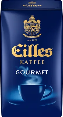 A bag of Eilles Kaffee Gourmet coffee with a steaming cup of coffee depicted.