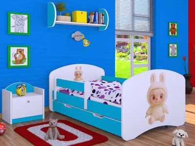 Zdjęcie produktu dla BDW, łóżko dziecięce z materacem, stelażem, szufladą, LABU, niebieskie, 160x80