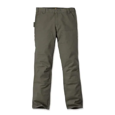 A pair of green work pants is shown against a white background.
