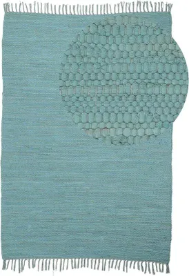 Produktbild von Famanu Flickenteppich Effen - Türkis, 70 x 140 cm, Handgewebt, Baumwolle mit Fransen